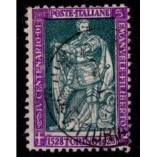 1928 - Italien - AFA 240 - Frimærke - 400 året for Emanuele Filibertos fødsel - 5 lire violet/grøn - Stemplet.